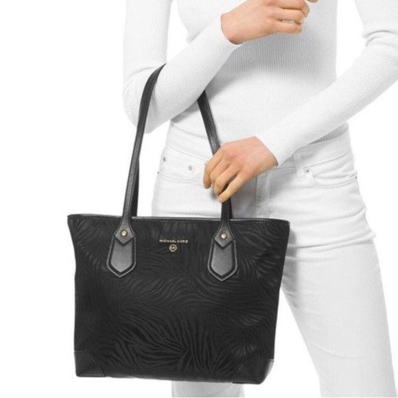Michael Kors Eva Black on Black Zebra Nylon Zip Top Tote Bag Designer Purse - Picture 1 of 12